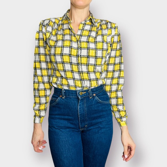80s Notches Yellow and Black Checkered Button‎ Front Blouse - Picture 1 of 6